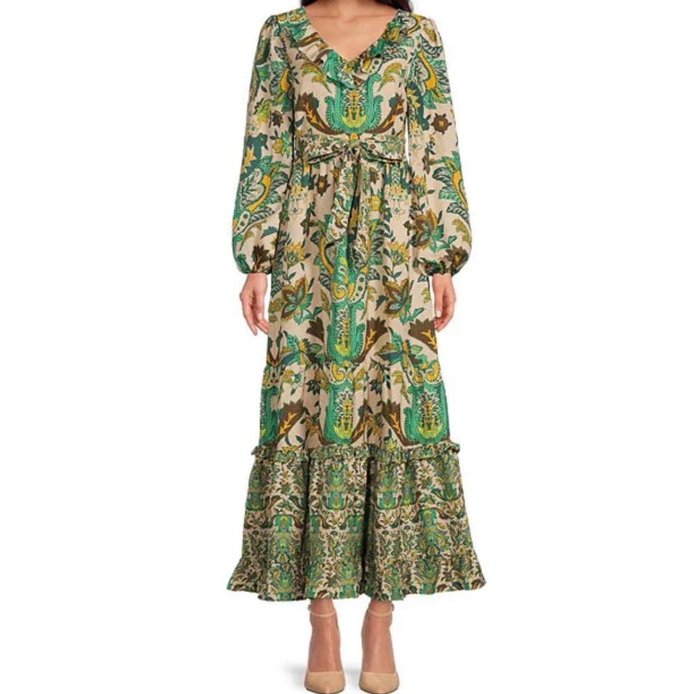 A Loves A Paisley Printed Voile Ruffle V-Neck Tiered A-Line Belted Maxi Dress